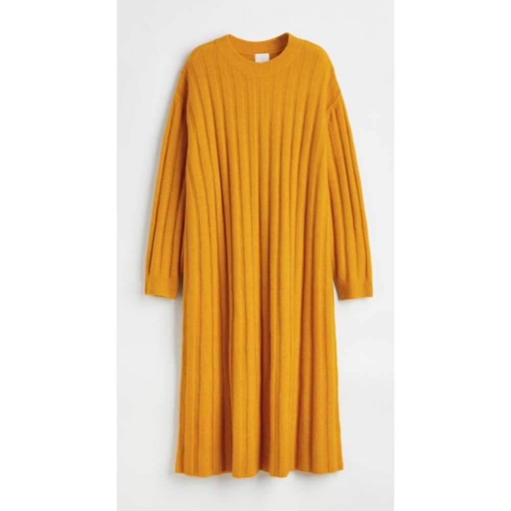 H&M Rib-Knit Ribbed Midi Wool Blend Long Sleeve Dress Yellow Size Medium